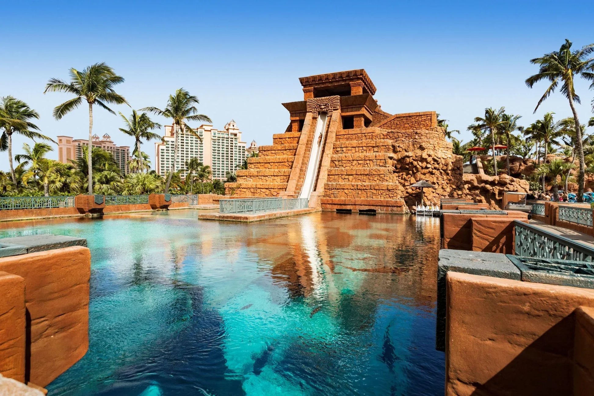 A Mayan-themed water slide